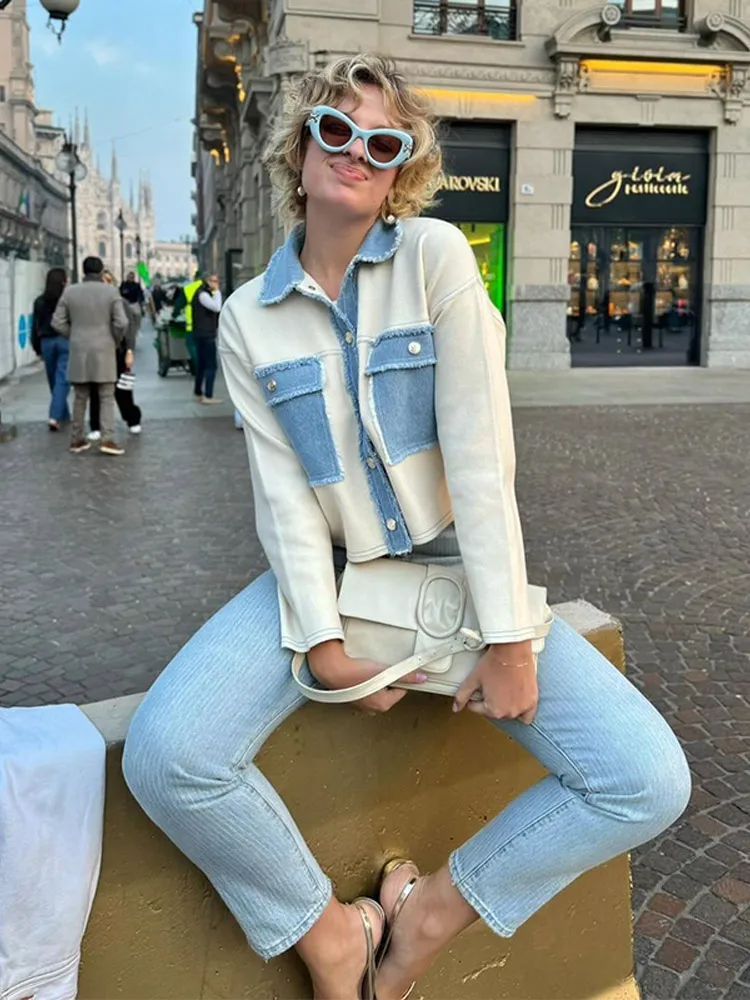 Patchwork Denim Casual Lapel Coat - Image 2