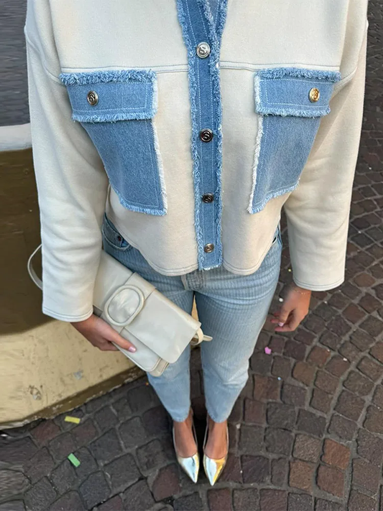 Patchwork Denim Casual Lapel Coat - Image 3
