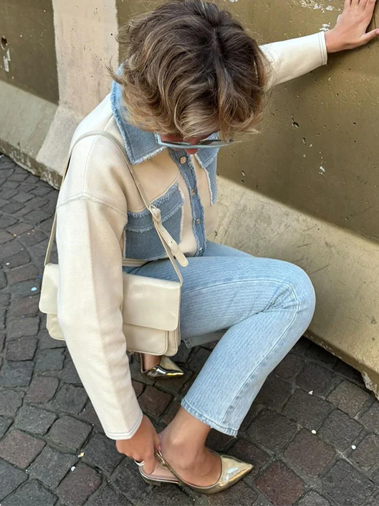 Patchwork Denim Casual Lapel Coat - Image 4