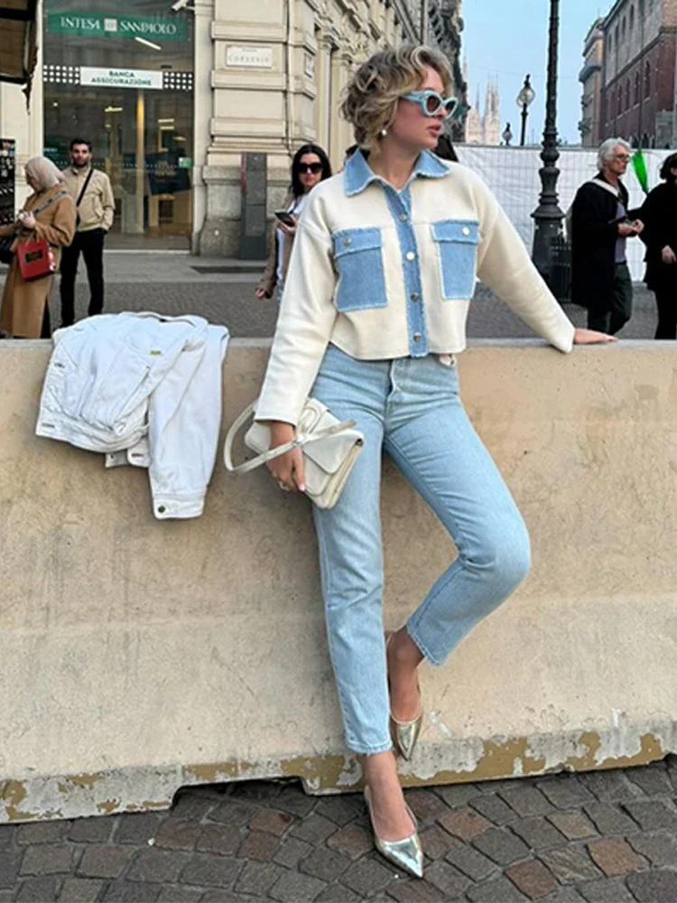 Patchwork Denim Casual Lapel Coat - Image 5