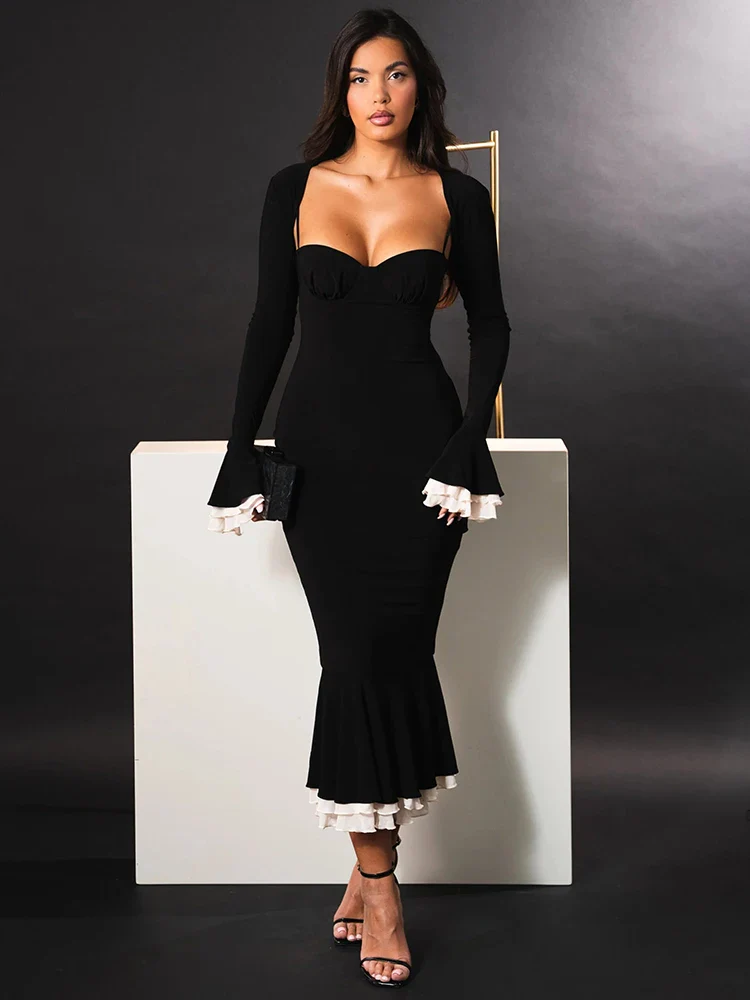 Patchwork Long Sleeve Fishtail Bodycon Dress - Image 2