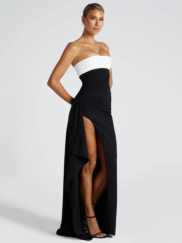 Patchwork Strapless Split Maxi Bodycon Dress - Image 5