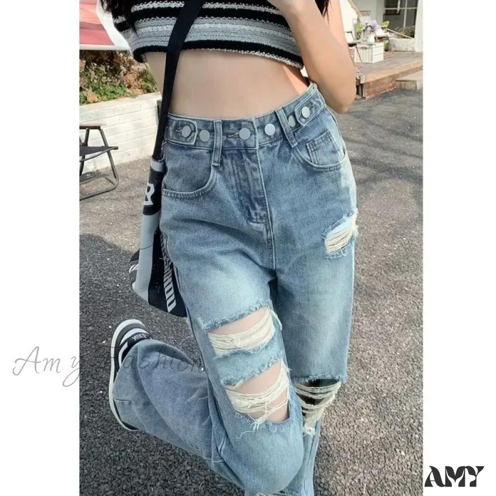 Amy Fashion - Perforated Jean Pear-Shaped Figure High Waist Straight Tube Loose Fitting Wide Leg Pants Small Stature Thin Summer Style Jean - Image 2