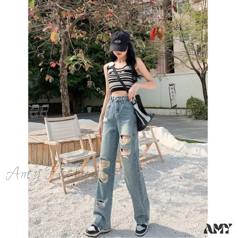 Amy Fashion - Perforated Jean Pear-Shaped Figure High Waist Straight Tube Loose Fitting Wide Leg Pants Small Stature Thin Summer Style Jean - Image 4