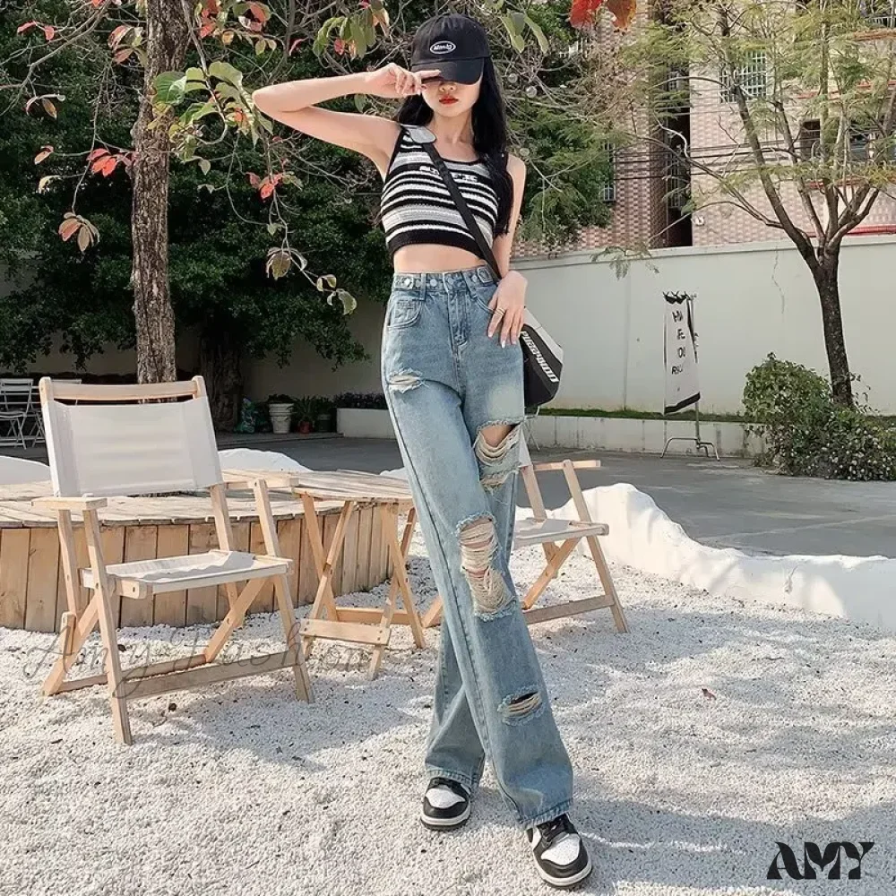 Amy Fashion - Perforated Jean Pear-Shaped Figure High Waist Straight Tube Loose Fitting Wide Leg Pants Small Stature Thin Summer Style Jean - Image 5