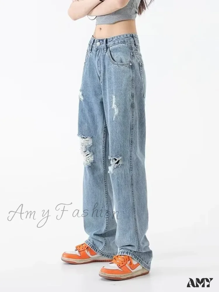 Amy Fashion - Perforated Jean Summer Thin High Street Trendy Brand Handsome And Loose Fitting Straight Casual Sports Pants Women's Jean - Image 2