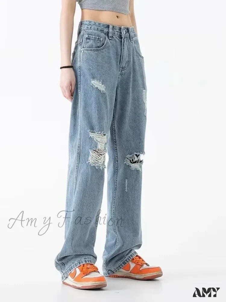 Amy Fashion - Perforated Jean Summer Thin High Street Trendy Brand Handsome And Loose Fitting Straight Casual Sports Pants Women's Jean - Image 3