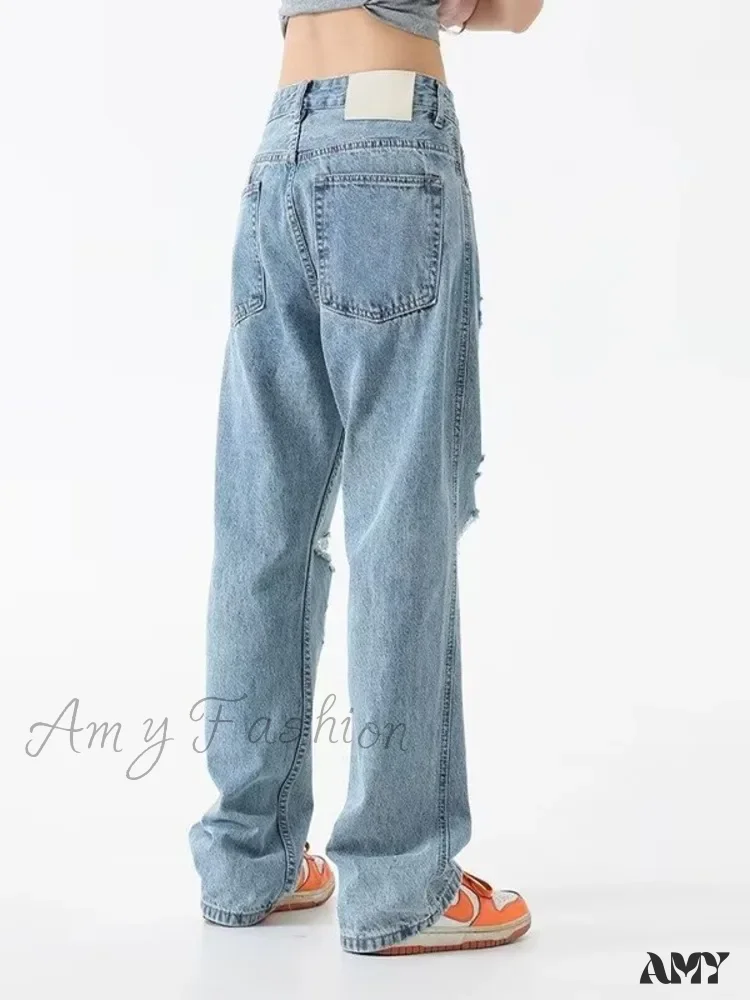 Amy Fashion - Perforated Jean Summer Thin High Street Trendy Brand Handsome And Loose Fitting Straight Casual Sports Pants Women's Jean - Image 4