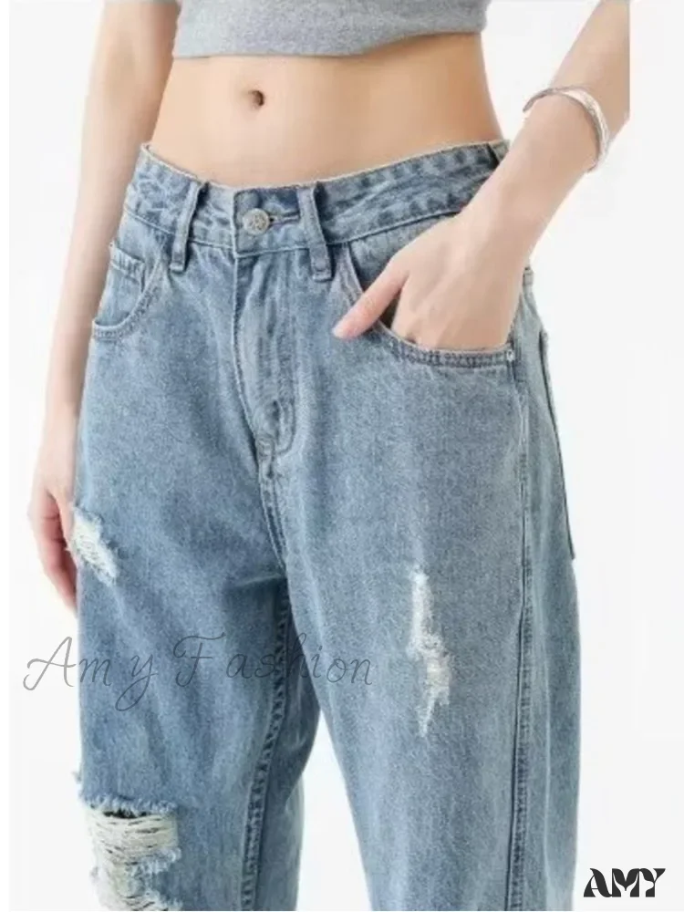 Amy Fashion - Perforated Jean Summer Thin High Street Trendy Brand Handsome And Loose Fitting Straight Casual Sports Pants Women's Jean - Image 5