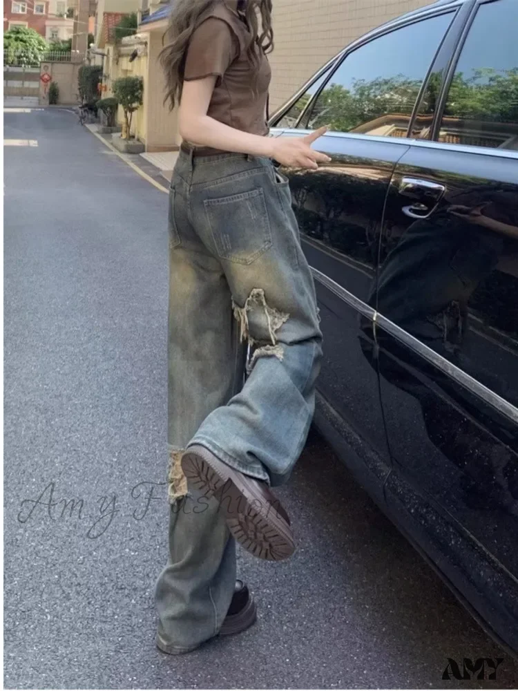 Amy Fashion - Perforated Summer Loose Straight Leg Niche Stitching Old Beggar Fashion Jean - Image 2