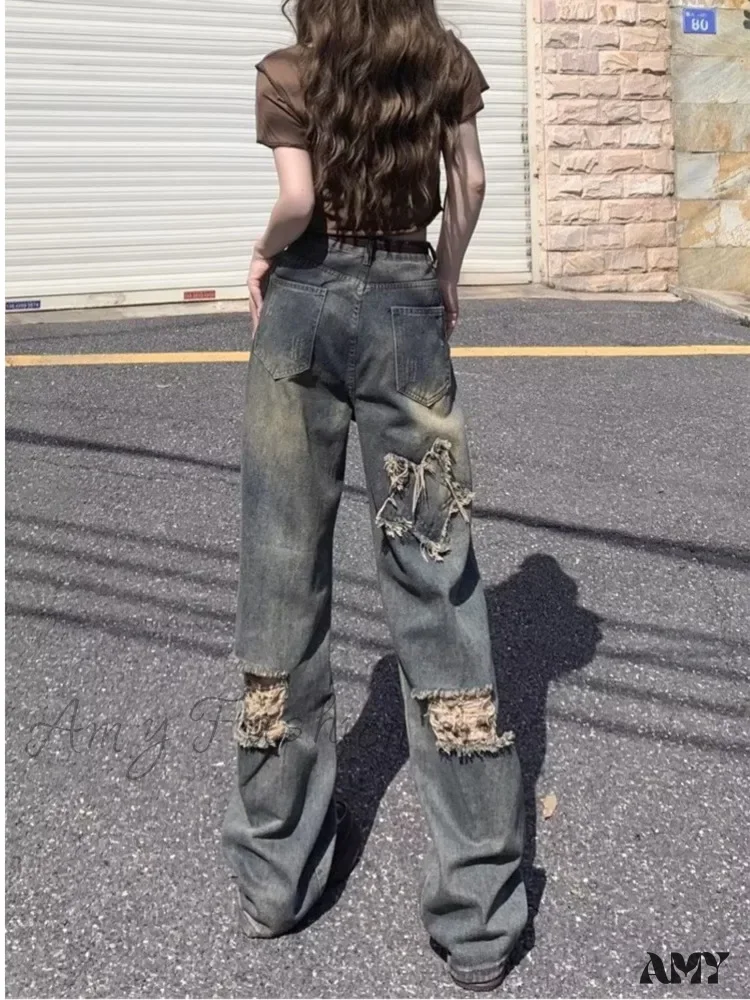 Amy Fashion - Perforated Summer Loose Straight Leg Niche Stitching Old Beggar Fashion Jean - Image 3