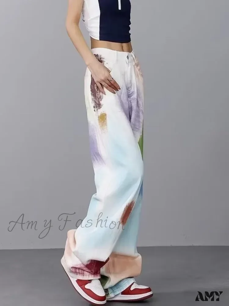 Amy Fashion - Personalized Graffiti High Waist Slim Hand-painted Painted Trendy Loose Straight Wide Leg Casual Jean - Image 2