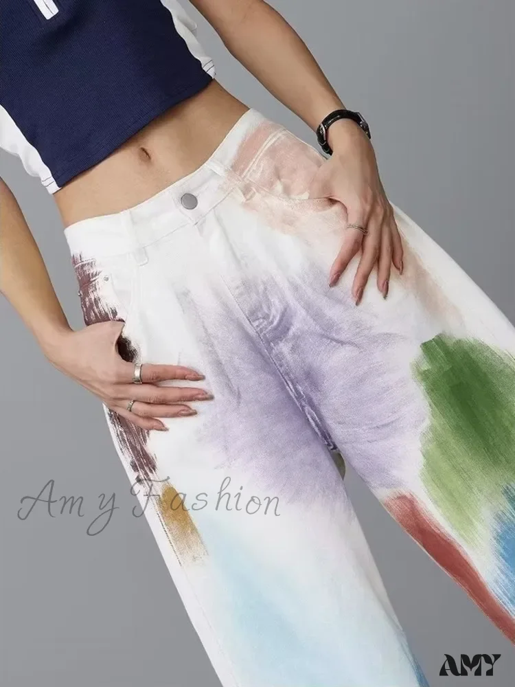 Amy Fashion - Personalized Graffiti High Waist Slim Hand-painted Painted Trendy Loose Straight Wide Leg Casual Jean - Image 3