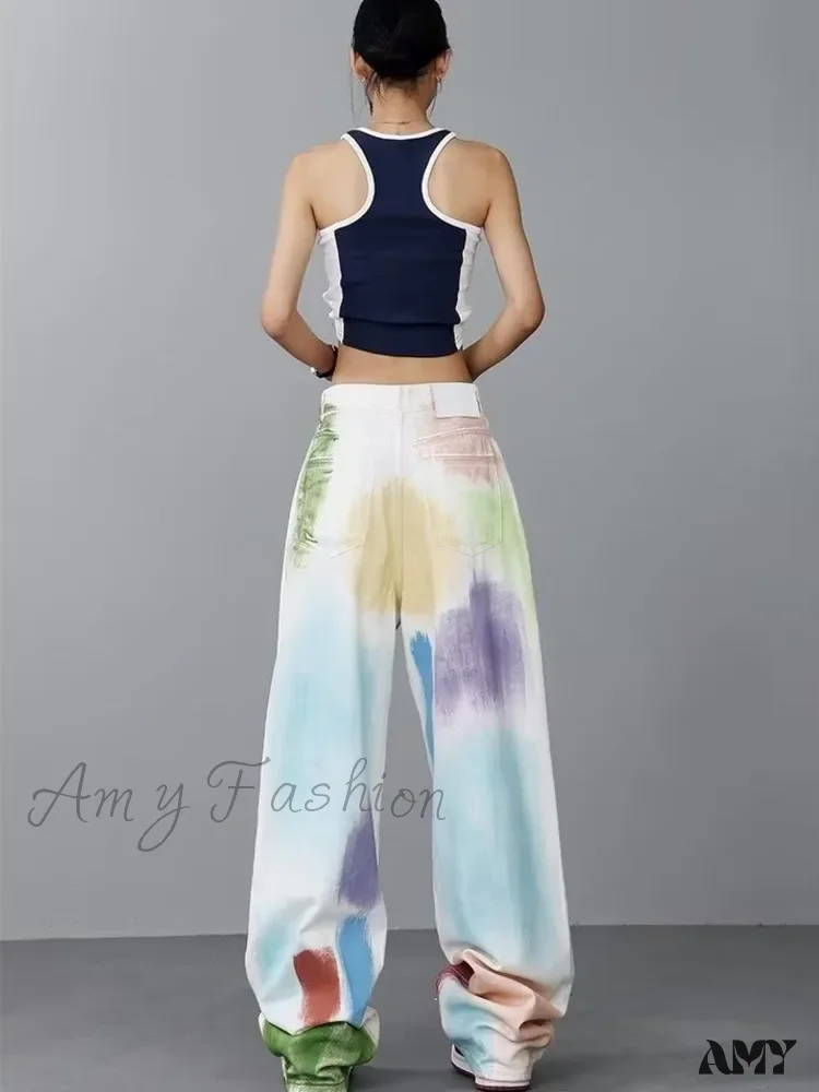 Amy Fashion - Personalized Graffiti High Waist Slim Hand-painted Painted Trendy Loose Straight Wide Leg Casual Jean - Image 4