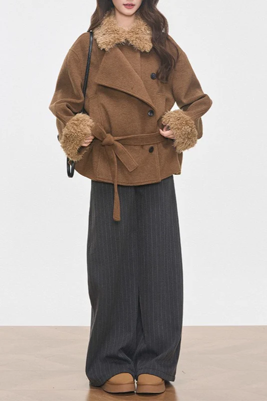 Petite Faux Fur Collar Thick Wool Blend Chic Coat - Image 2