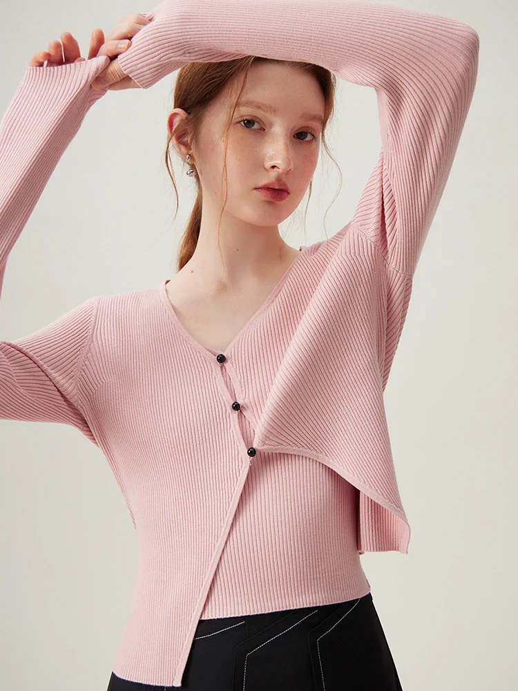 Pink V-neck Casual Loose Knit Cardigan - Image 2