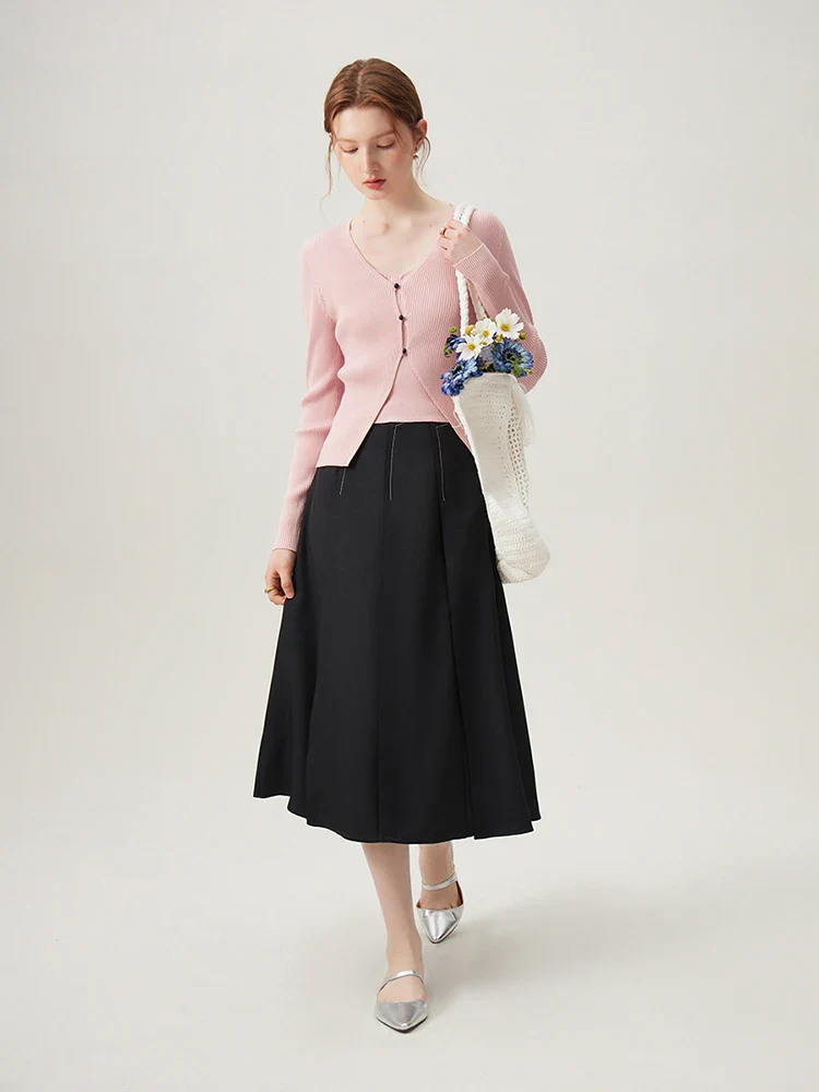 Pink V-neck Casual Loose Knit Cardigan - Image 3