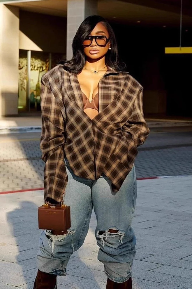 Plaid Collared Asymmetrical Loose Blouse - Image 2