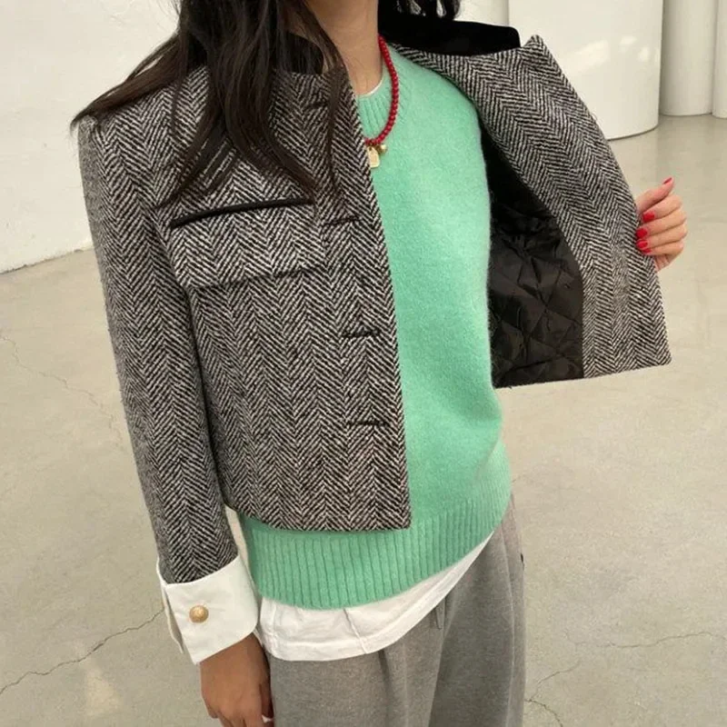 Plaid Metal Button Cropped Coat - Image 2