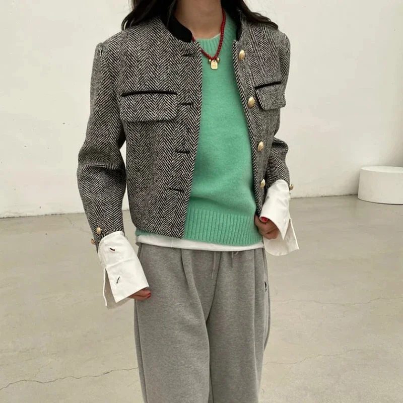 Plaid Metal Button Cropped Coat - Image 3