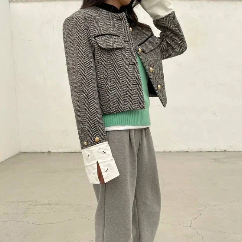 Plaid Metal Button Cropped Coat - Image 4