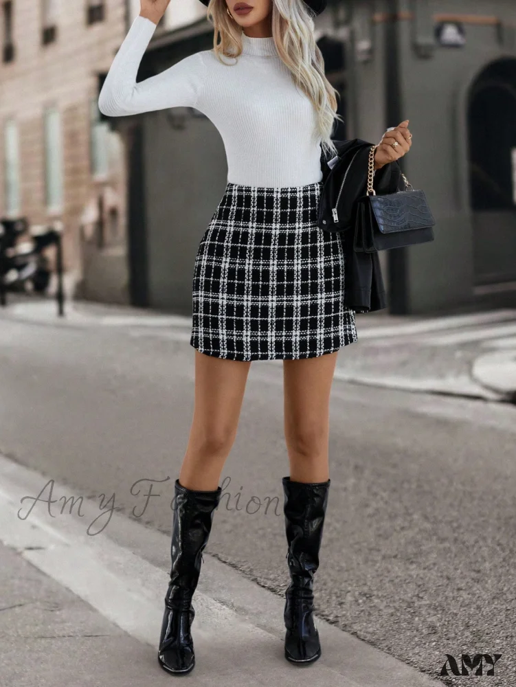 Amy Fashion - Plaid Pattern Tweed Skirt - Image 3