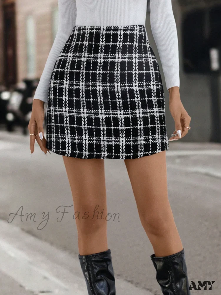 Amy Fashion - Plaid Pattern Tweed Skirt - Image 5