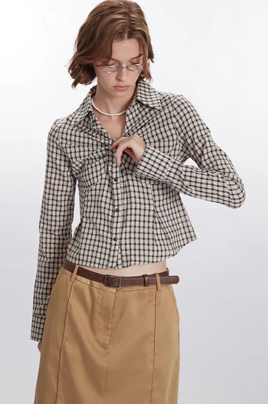Plaid Ruched Long-Sleeve Blouse - Image 2