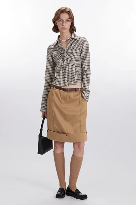 Plaid Ruched Long-Sleeve Blouse - Image 3