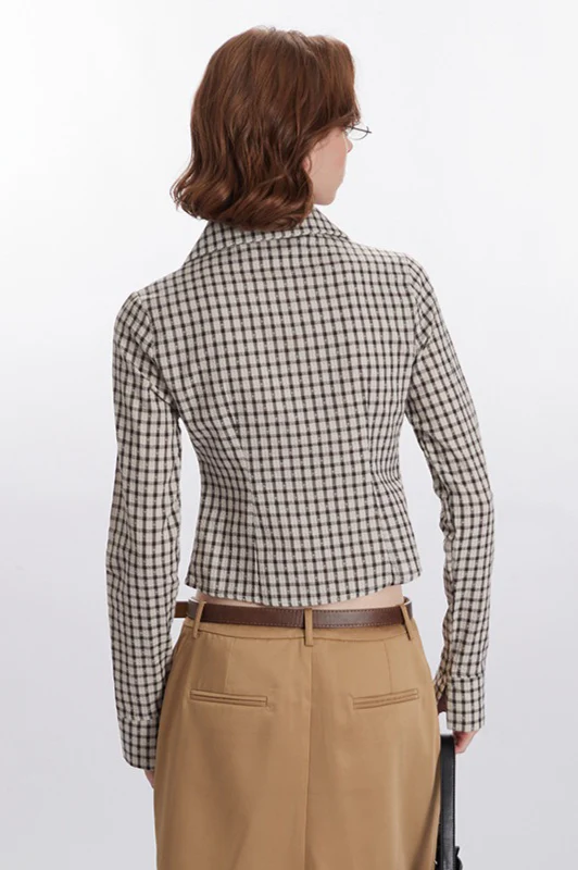 Plaid Ruched Long-Sleeve Blouse - Image 4
