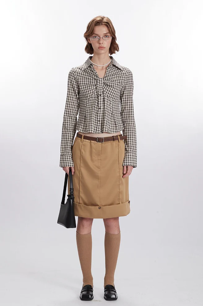 Plaid Ruched Long-Sleeve Blouse - Image 5