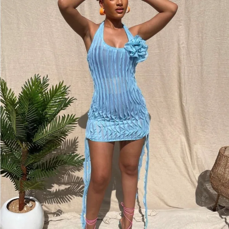 Pleated Floral Halter Beach Mini Dress - Image 3