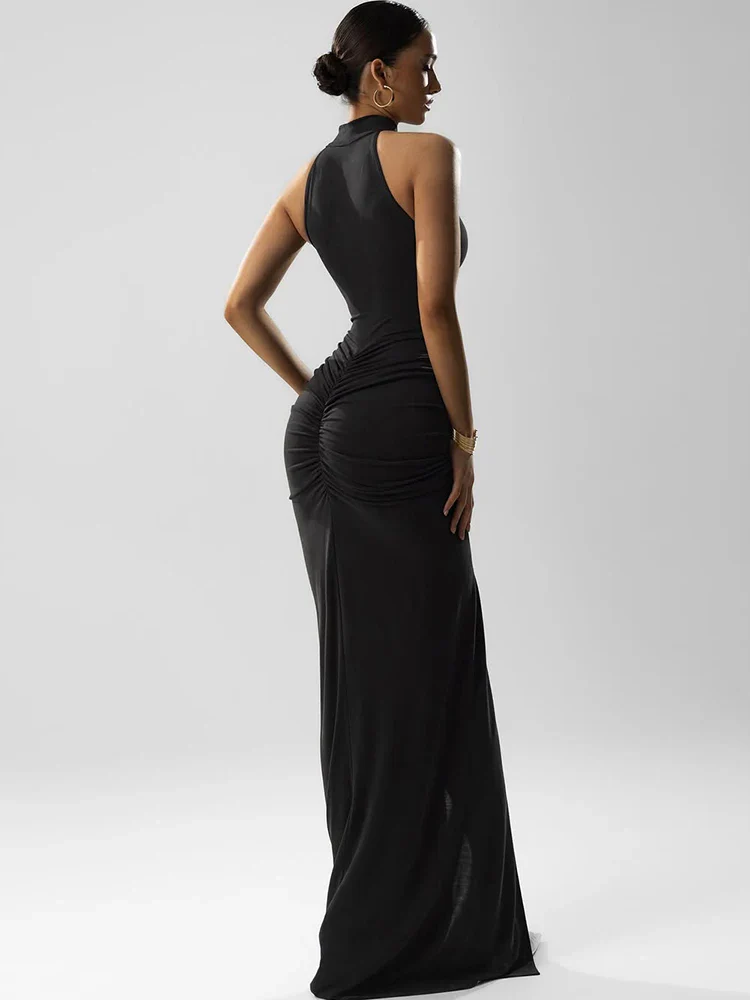 Pleated Halter Slit Slim Party Dress - Image 2