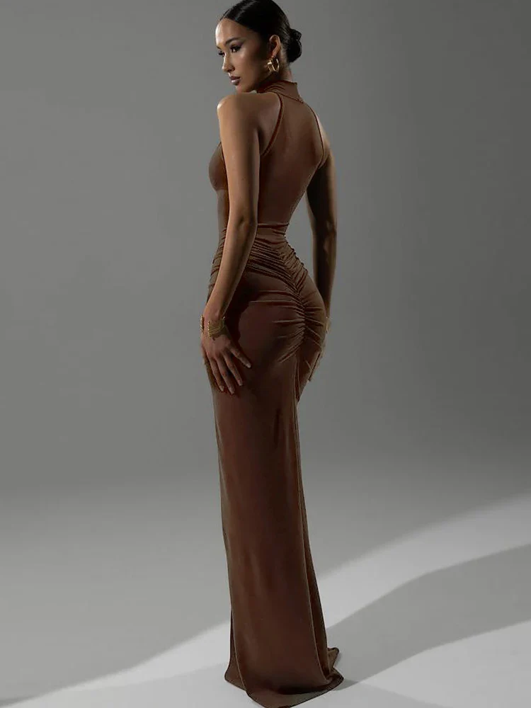 Pleated Halter Slit Slim Party Dress - Image 4