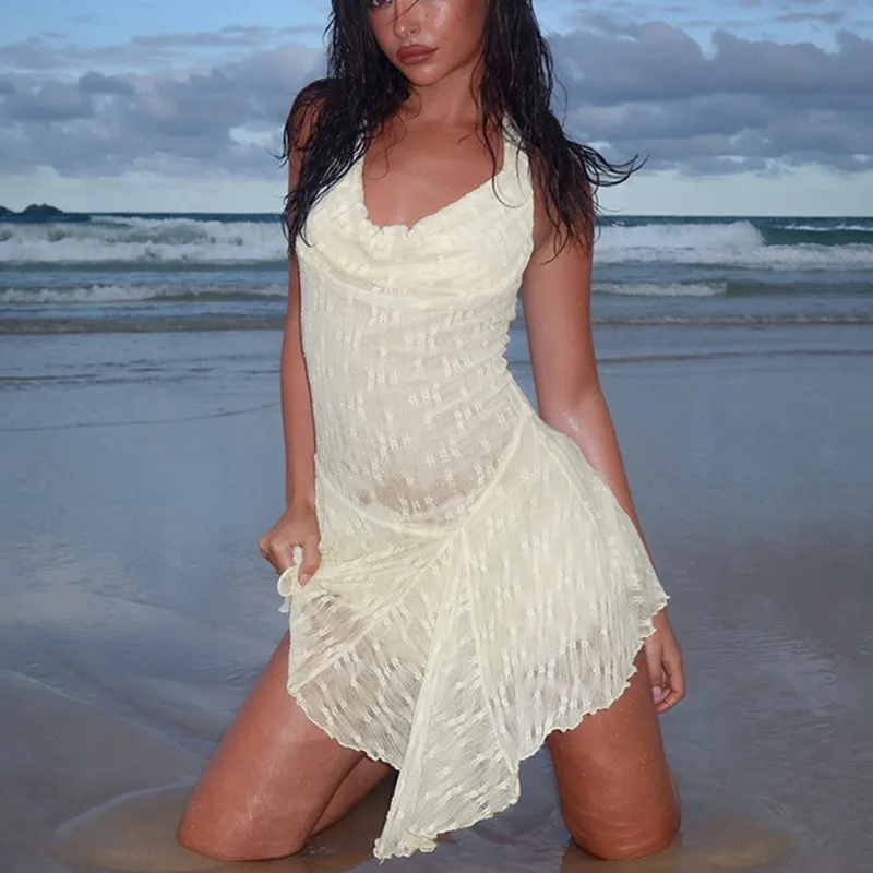 Pleated Lace Backless Sleeveless Mini Dress