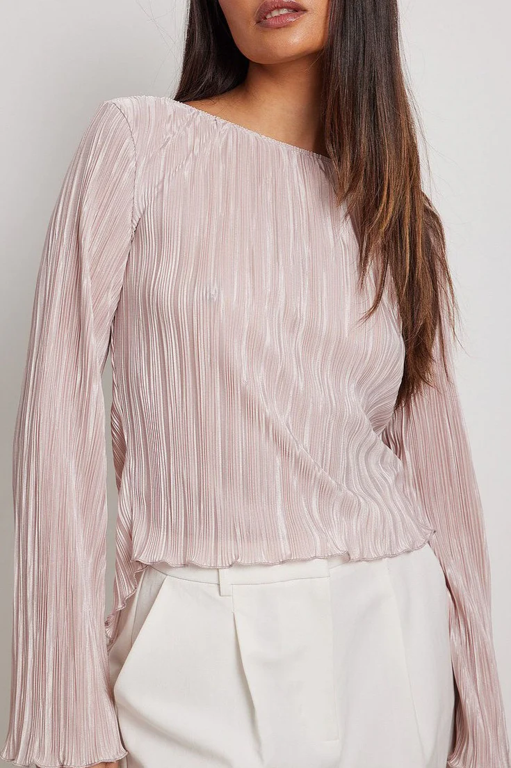 Pleated Slim Flared-Sleeve Back-Tie Blouse - Image 2