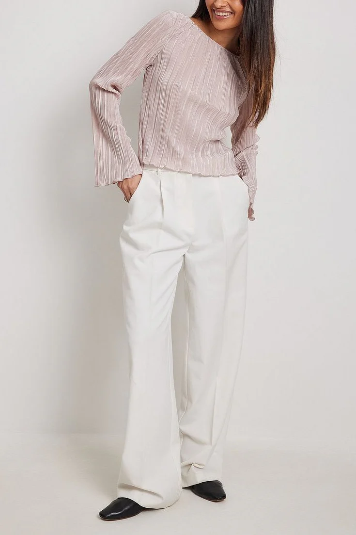Pleated Slim Flared-Sleeve Back-Tie Blouse - Image 3