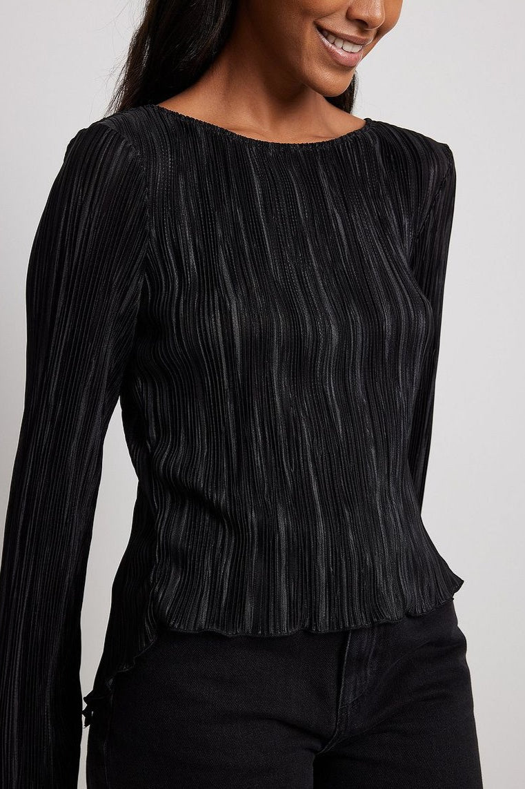 Pleated Slim Flared-Sleeve Back-Tie Blouse - Image 4