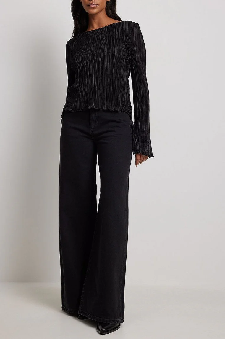 Pleated Slim Flared-Sleeve Back-Tie Blouse - Image 5