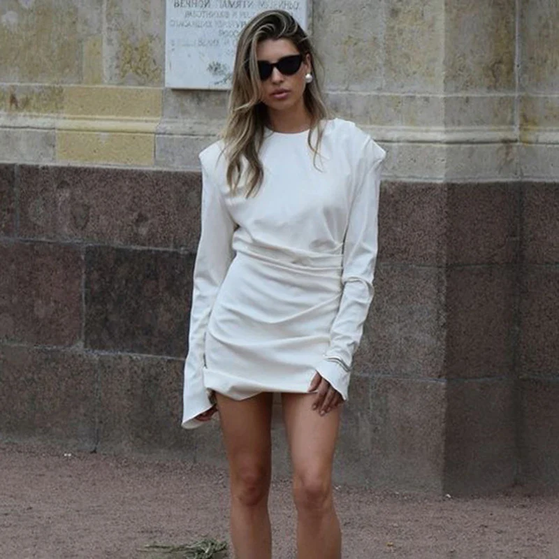 Pleated Slim White Long Sleeve Mini Prom Dress