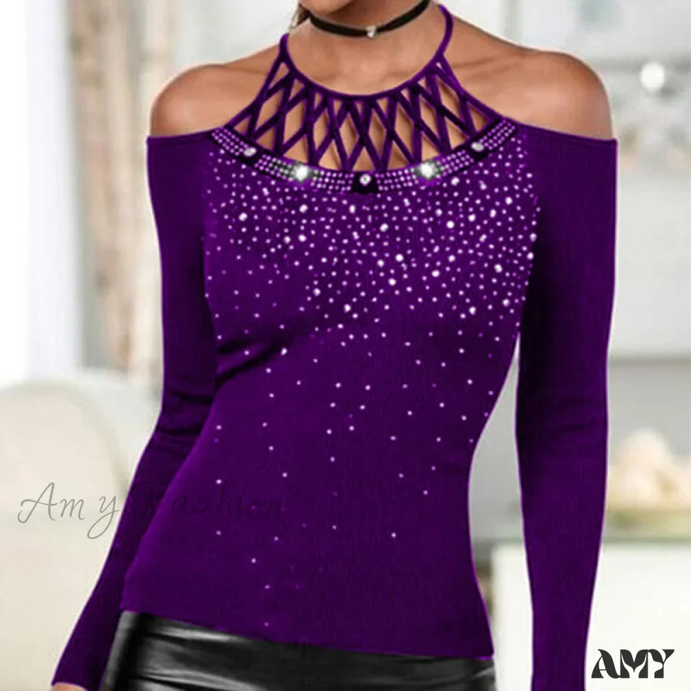 Amy Fashion - Plus Size Halter Sequins Off The Shoulder Long Sleeve T-shirt - Image 3