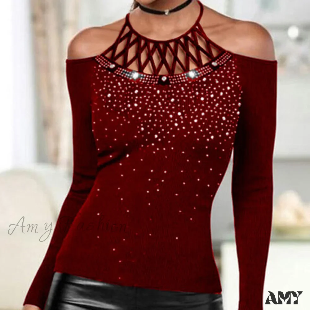 Amy Fashion - Plus Size Halter Sequins Off The Shoulder Long Sleeve T-shirt - Image 4