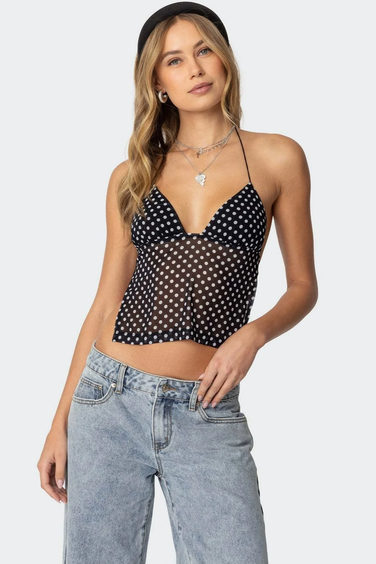 Polka Dot Backless Halter Slim Blouse - Image 2