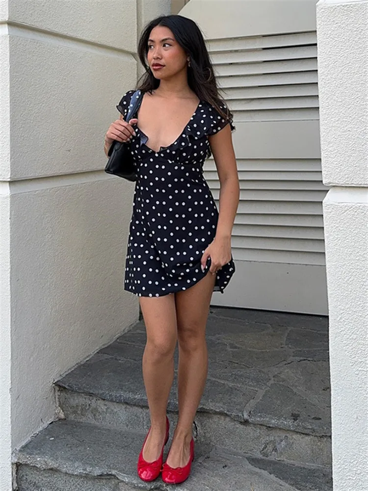Polka Dot Chiffon Tie Waist Mini Dress - Image 4