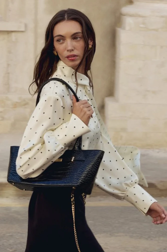 Polka Dot Collared Tie-Up Slim Chic Blouse - Image 2