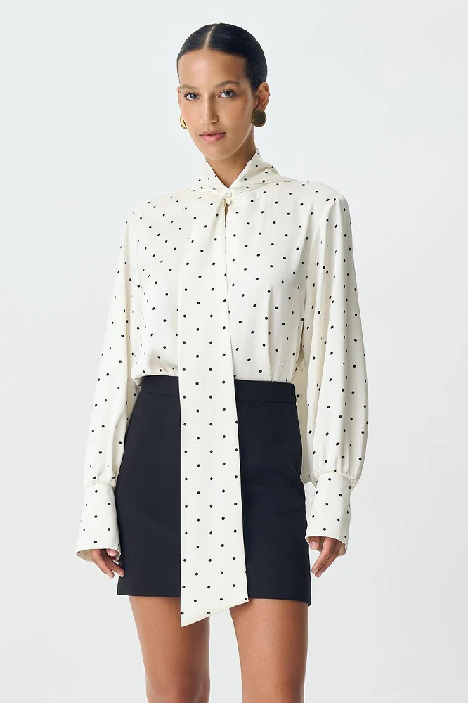 Polka Dot Collared Tie-Up Slim Chic Blouse - Image 3