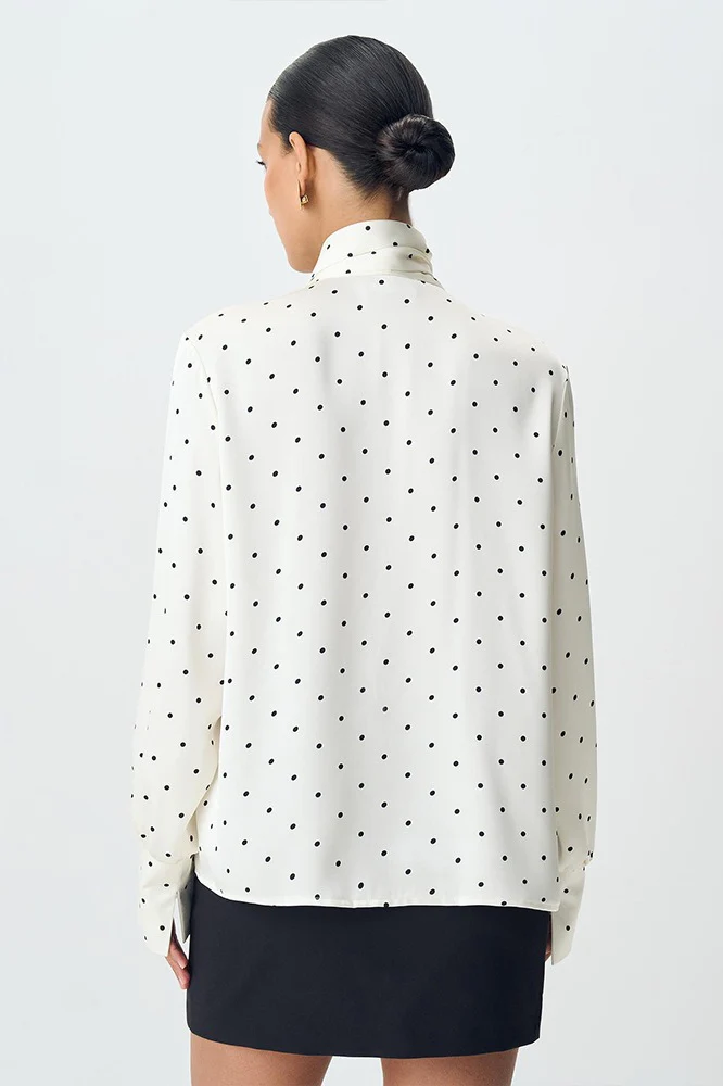 Polka Dot Collared Tie-Up Slim Chic Blouse - Image 4