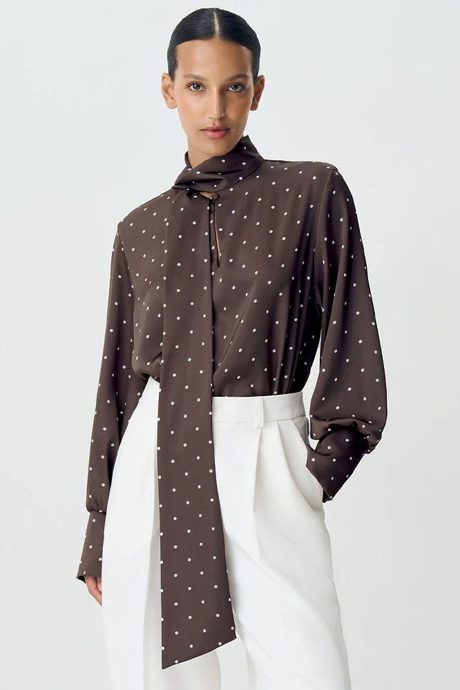 Polka Dot Collared Tie-Up Slim Chic Blouse - Image 6