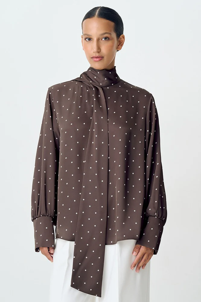 Polka Dot Collared Tie-Up Slim Chic Blouse - Image 8
