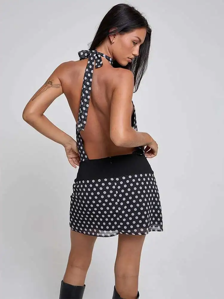 Polka Dot Patchwork Halter Mini Dress - Image 2